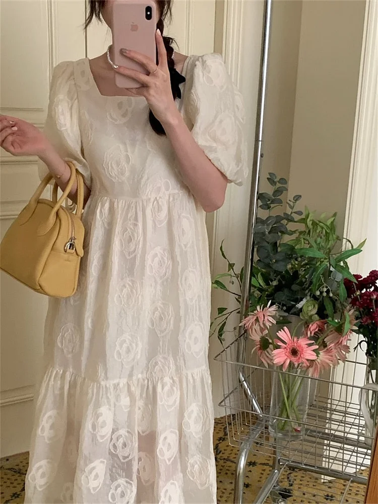 Princess Beige Square Collar Rose Printed High Waist Puff Sleeve Dress - Image 2