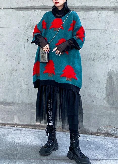 Women blue green Sweater weather plus size patchwork tulle daily sweater dress - Image 2