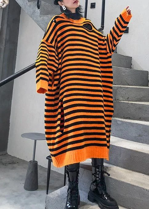 Aesthetic o neck Hole Sweater fall dress DIY orange striped daily knitted dress - Image 3