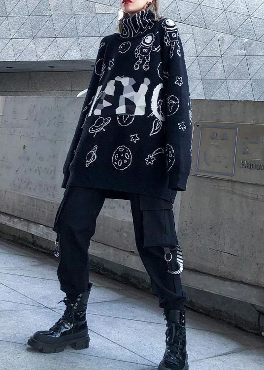 Pullover black Letter knit blouse high neck Loose fitting sweaters - Image 3