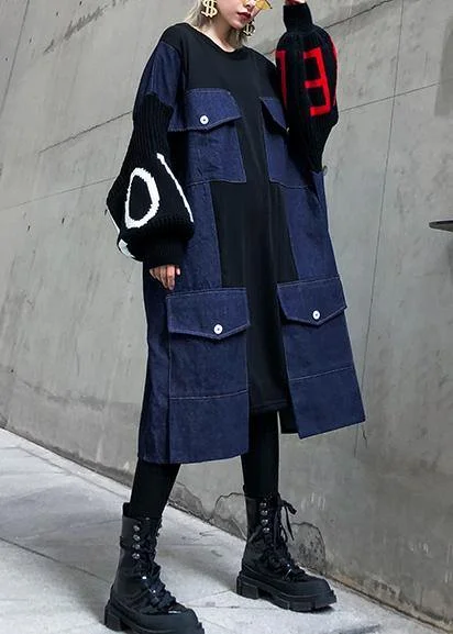Vintage black patchwork denim blue Sweater dresses Quotes pockets baggy sweater dresses