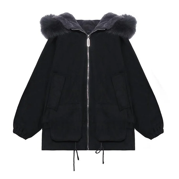 Casual black Letter coats plus size snow jackets faux fur collar pockets coats - Image 3