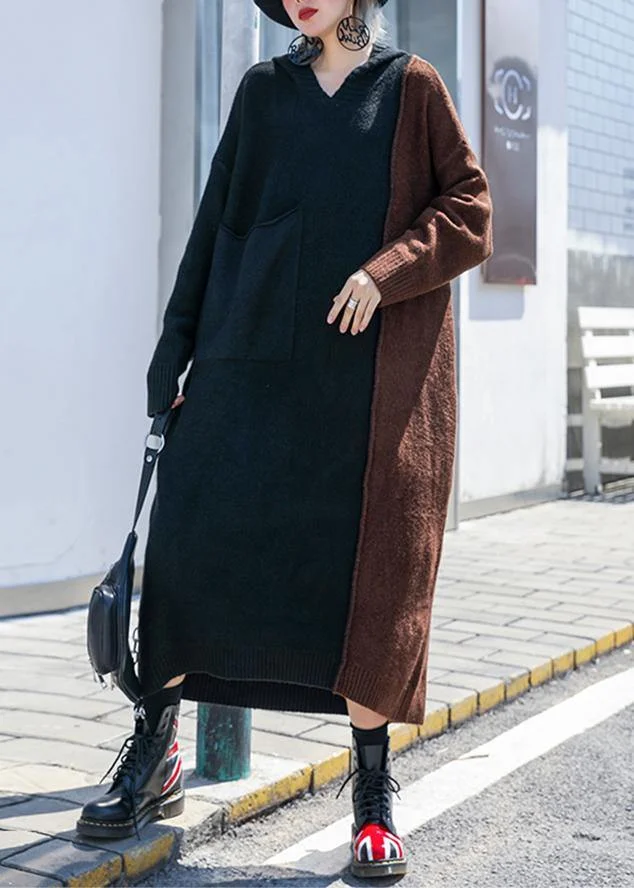 Cute brown patchwork Sweater Aesthetic Women hooded winter knitted tops - Image 4