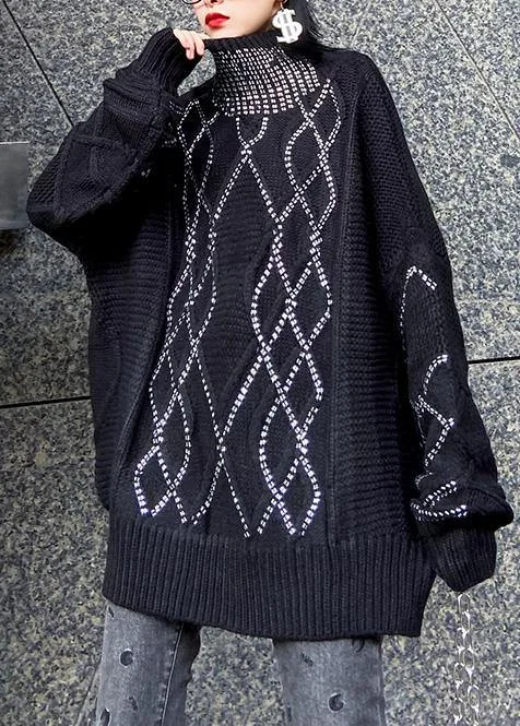 Women black knitted t shirt Sequined fashion high neck sweaters - Image 5