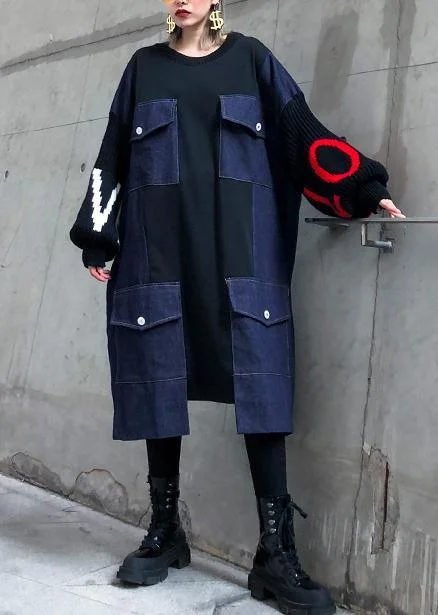 Vintage black patchwork denim blue Sweater dresses Quotes pockets baggy sweater dresses - Image 3