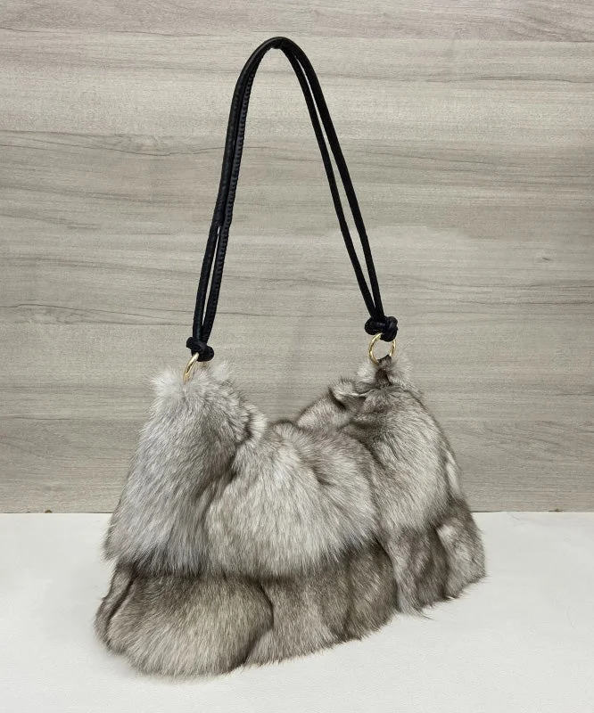 Women Khaki Large Capacity Fox Fur Patchwork Shoulder Bag - Image 2