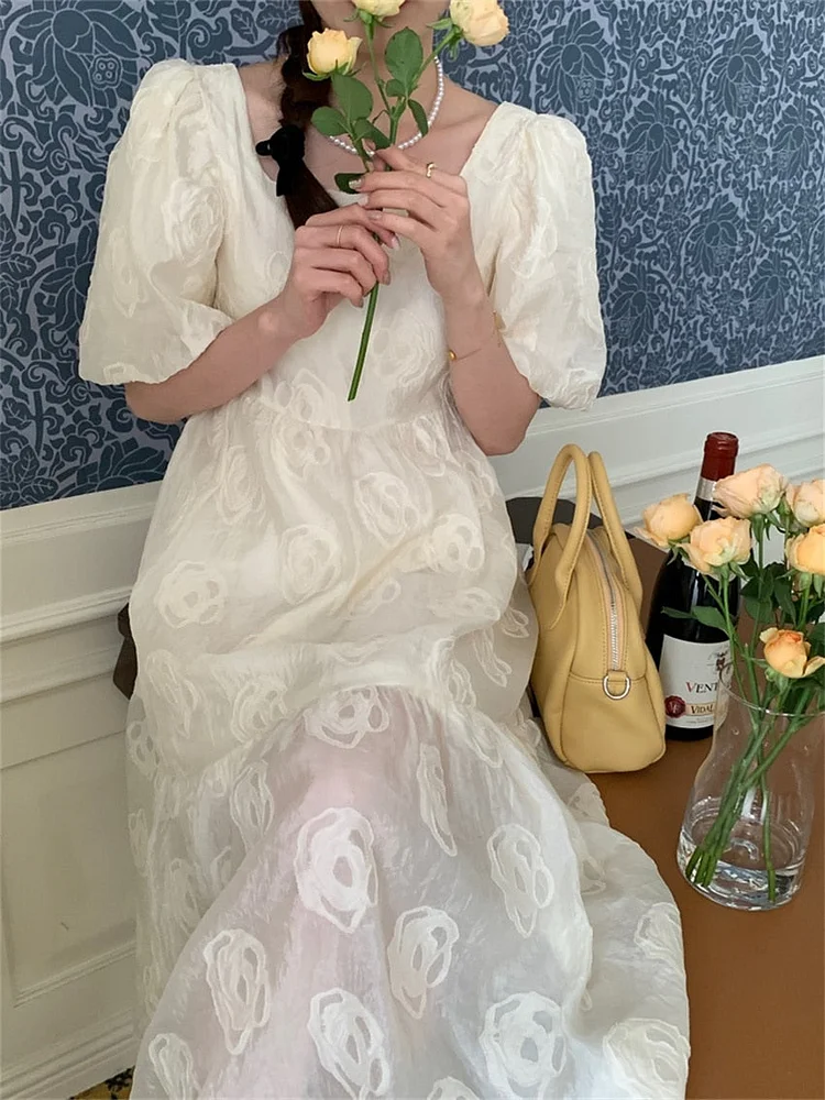 Princess Beige Square Collar Rose Printed High Waist Puff Sleeve Dress - Image 6