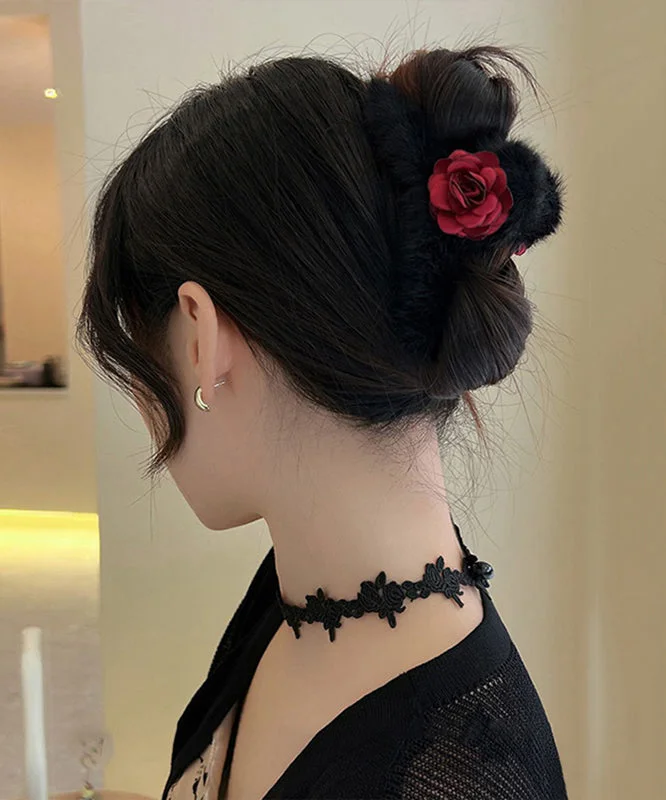 Women Black Fluffy Rose Shark Clamp Hairpin - Image 2