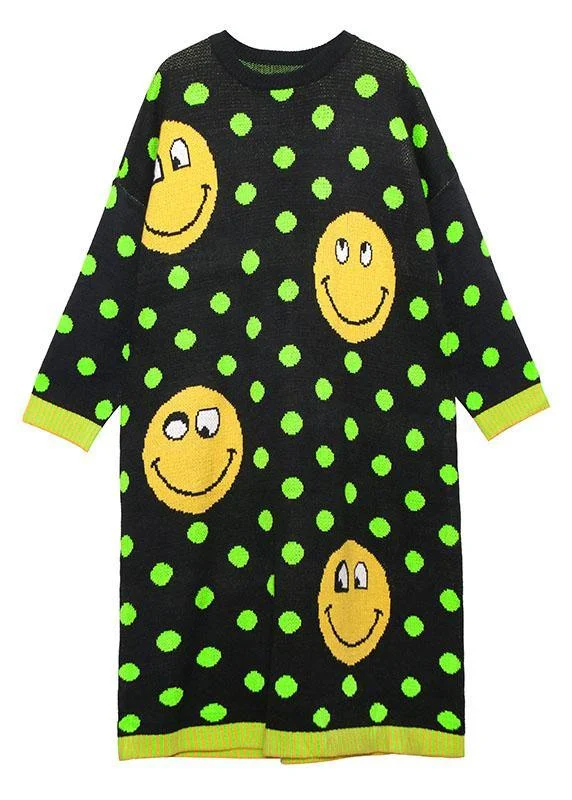 Women o neck baggy Sweater dress outfit plus size green dotted Fuzzy knitted dress - Image 4