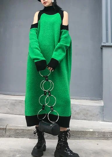 Aesthetic green Sweater Wardrobes DIY high neck Funny off the shoulder sweater dresses - Image 2