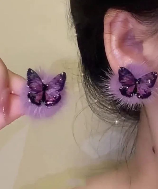 Chic Purple Sterling Silver Overgild Fuzzy Fur Fluffy Butterfly Stud Earrings