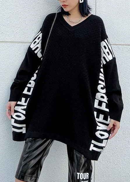 Aesthetic fall black Letter sweaters casual o neck knitted t shirt - Image 5