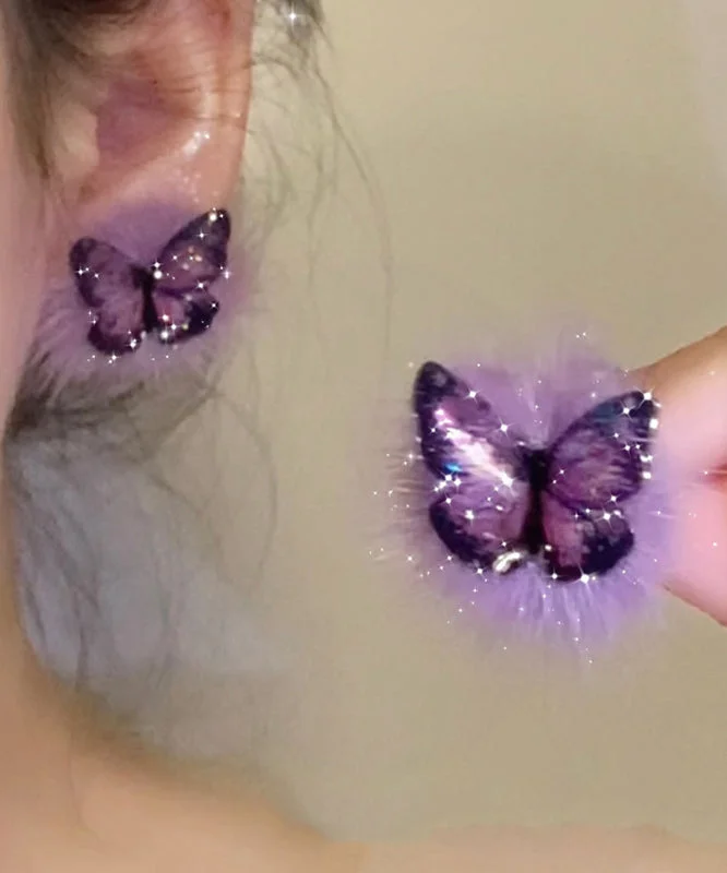 Chic Purple Sterling Silver Overgild Fuzzy Fur Fluffy Butterfly Stud Earrings - Image 2