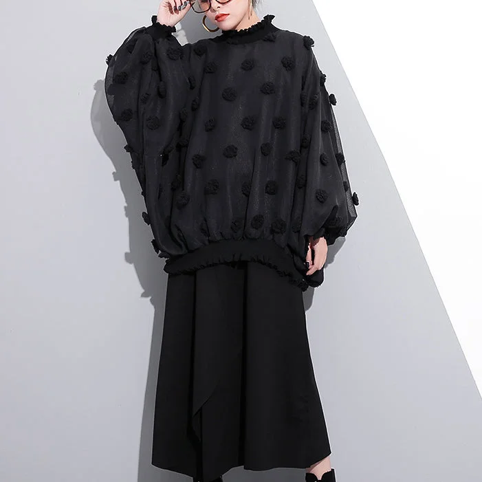 boutique black pure cotton blouse plus size traveling clothing Elegant fuzzy ball decorated cotton blouses - Image 5