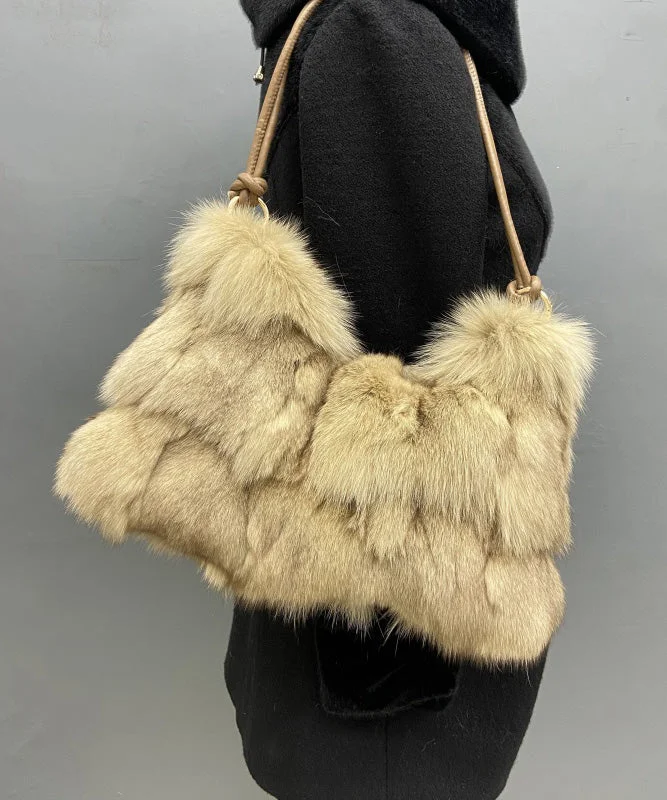 Women Khaki Large Capacity Fox Fur Patchwork Shoulder Bag - Image 3