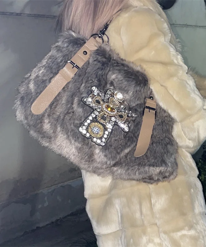 Fashion Khaki Zircon Large Capacity Mink Hair Tote Handbag - Image 5