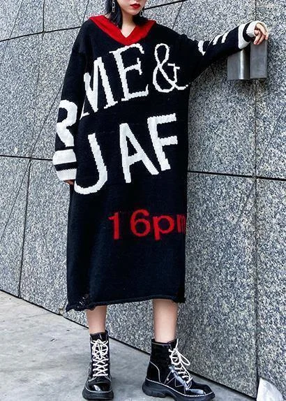 Cute black Sweater dress outfit Upcycle alphabet Fuzzy hooded sweater dress - Image 5