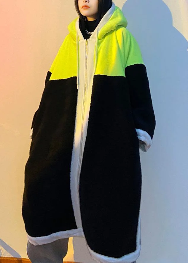 Luxury green fuzzy wool coat hooded patchwork coat - Image 3