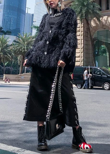 Fashion black sweaters casual v neck Tassel clothes For Women - Image 3