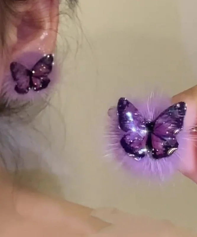 Chic Purple Sterling Silver Overgild Fuzzy Fur Fluffy Butterfly Stud Earrings - Image 4