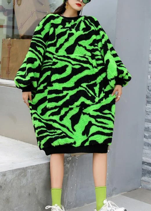 Comfy O Neck Thick Sweater Dress Outfit Plus Size Green Striped Knitwear Dress - Image 5