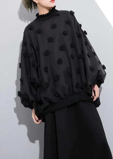 boutique black pure cotton blouse plus size traveling clothing Elegant fuzzy ball decorated cotton blouses - Image 6