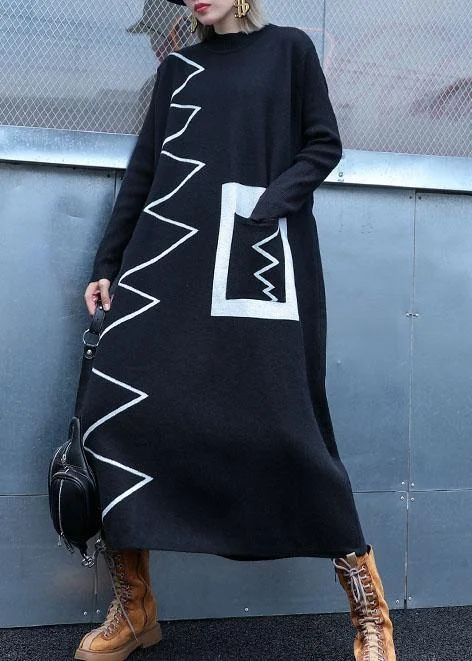 Women black Sweater dresses DIY patchwork color Ugly fall knitwear - Image 5