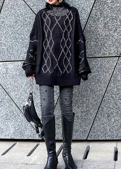 Women black knitted t shirt Sequined fashion high neck sweaters
