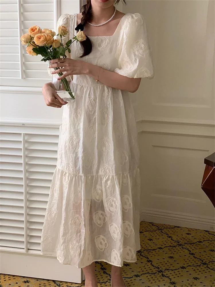 Princess Beige Square Collar Rose Printed High Waist Puff Sleeve Dress - Image 4