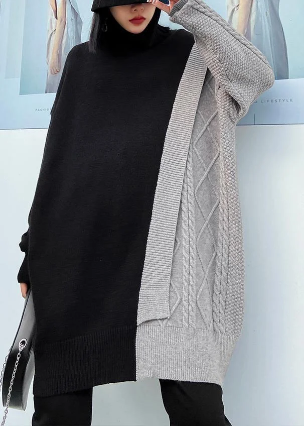 Cute gray clothes For Women high neck patchwork trendy plus size knitwear - Image 3