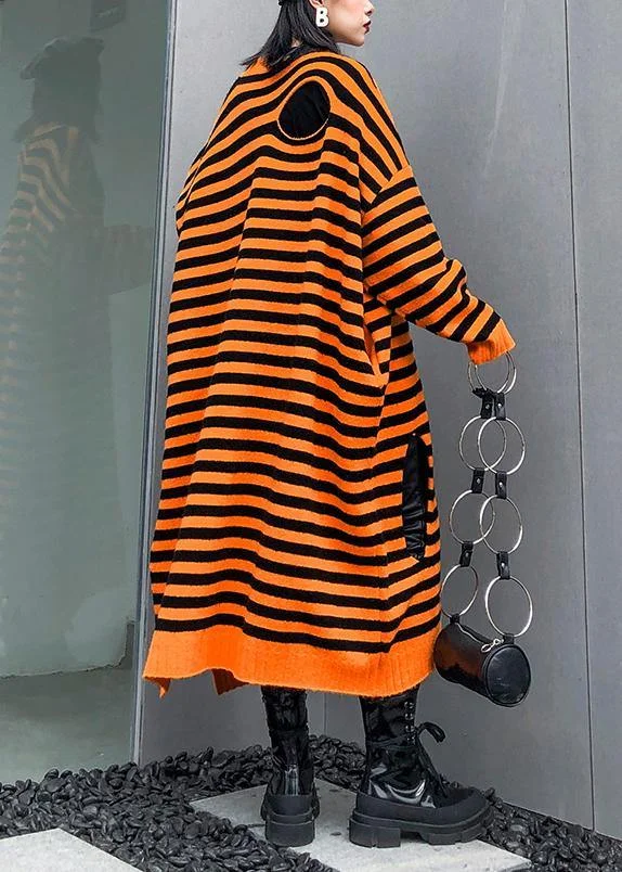 Aesthetic o neck Hole Sweater fall dress DIY orange striped daily knitted dress - Image 4
