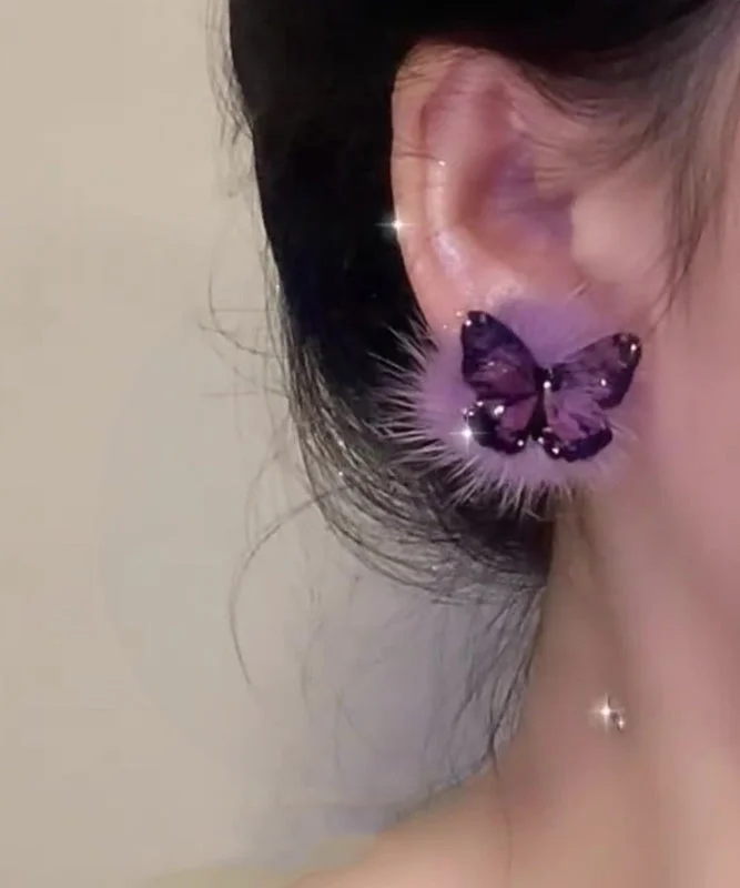 Chic Purple Sterling Silver Overgild Fuzzy Fur Fluffy Butterfly Stud Earrings - Image 5