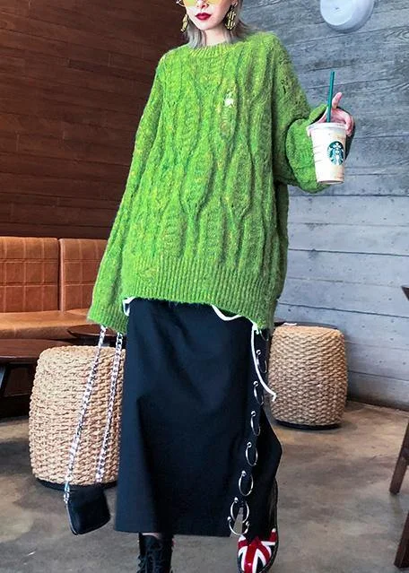 Fashion winter green sweaters plus size o neck patchwork Hole knit blouse - Image 3