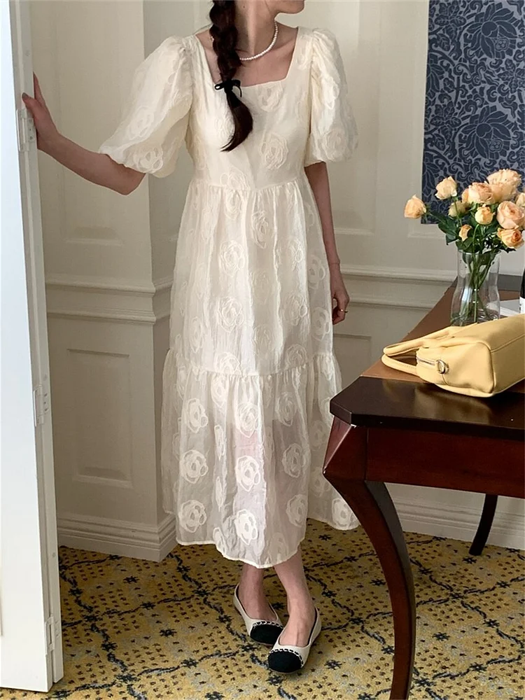 Princess Beige Square Collar Rose Printed High Waist Puff Sleeve Dress - Image 7