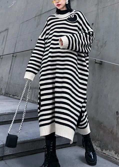 Women beige striped Sweater outfits Design o neck Hole DIY sweater dresses - Image 4