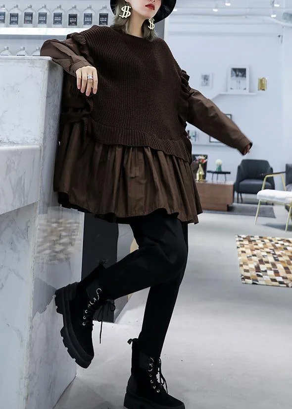 Chunky chocolate knit sweat tops fall fashion o neck false two pieces tops - Image 5