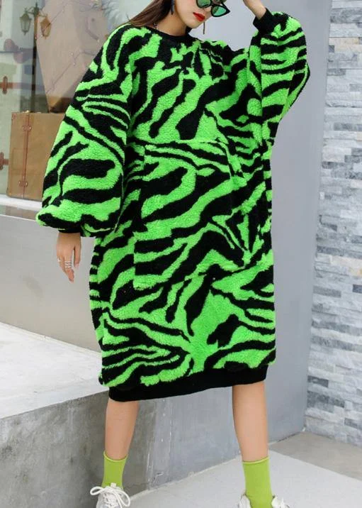 Comfy O Neck Thick Sweater Dress Outfit Plus Size Green Striped Knitwear Dress - Image 4