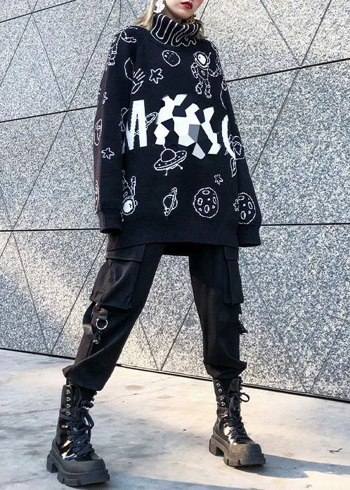 Pullover black Letter knit blouse high neck Loose fitting sweaters - Image 5