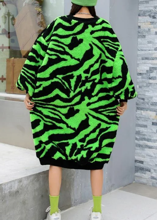 Comfy O Neck Thick Sweater Dress Outfit Plus Size Green Striped Knitwear Dress - Image 3