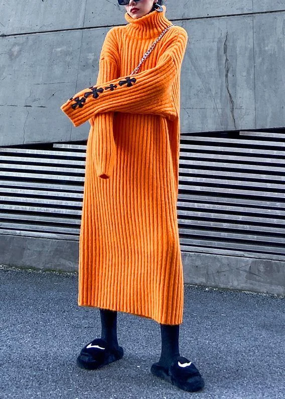 Knitted orange Sweater weather Street Style Appliques Tejidos high neck sweater dresses - Image 4