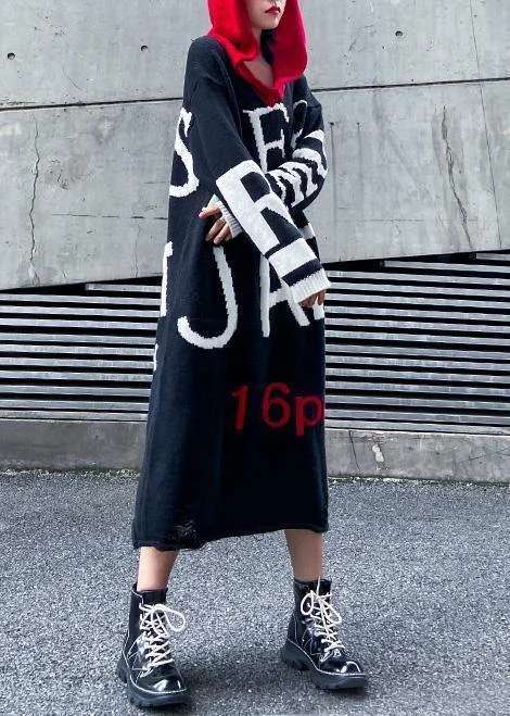 Cute black Sweater dress outfit Upcycle alphabet Fuzzy hooded sweater dress