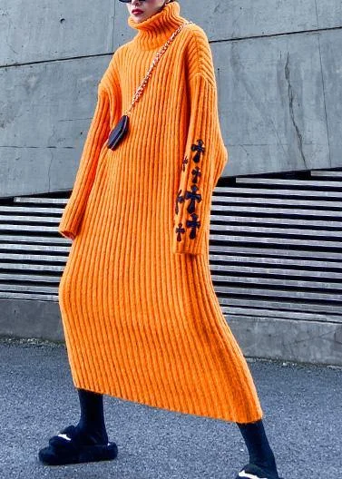 Knitted orange Sweater weather Street Style Appliques Tejidos high neck sweater dresses - Image 2