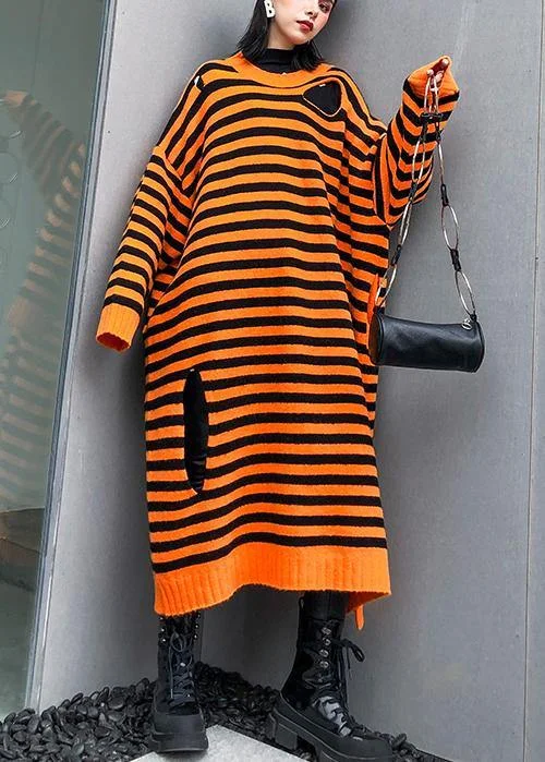Aesthetic o neck Hole Sweater fall dress DIY orange striped daily knitted dress - Image 5