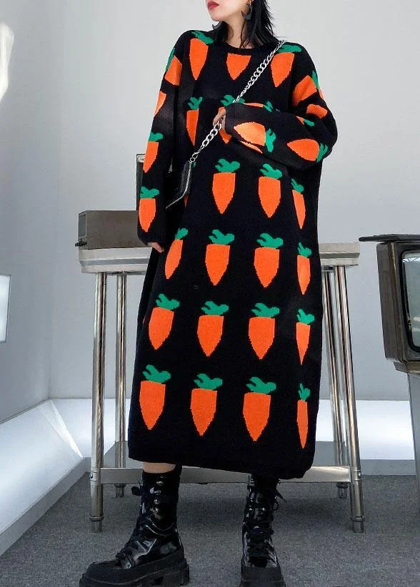 Pullover black print Sweater weather Re fashion o neck baggy Tejidos knit dresses - Image 4