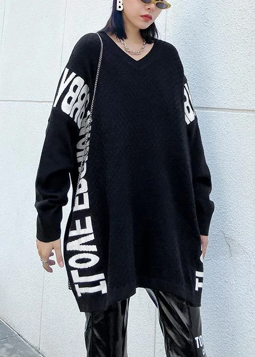 Aesthetic fall black Letter sweaters casual o neck knitted t shirt - Image 4
