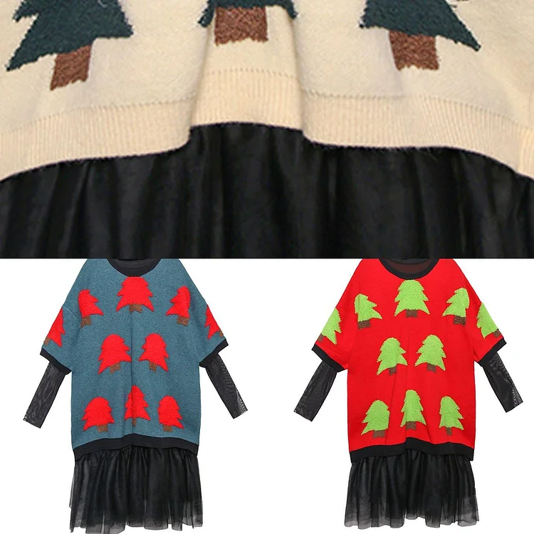 Women blue green Sweater weather plus size patchwork tulle daily sweater dress - Image 3