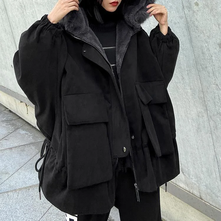 New plus size warm winter coat black hooded faux fur collar casual outfit - Image 4