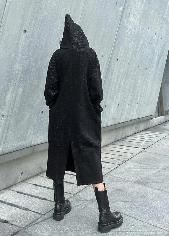 Sweater women's autumn winter loose hooded Plush shiny black dress - Image 2