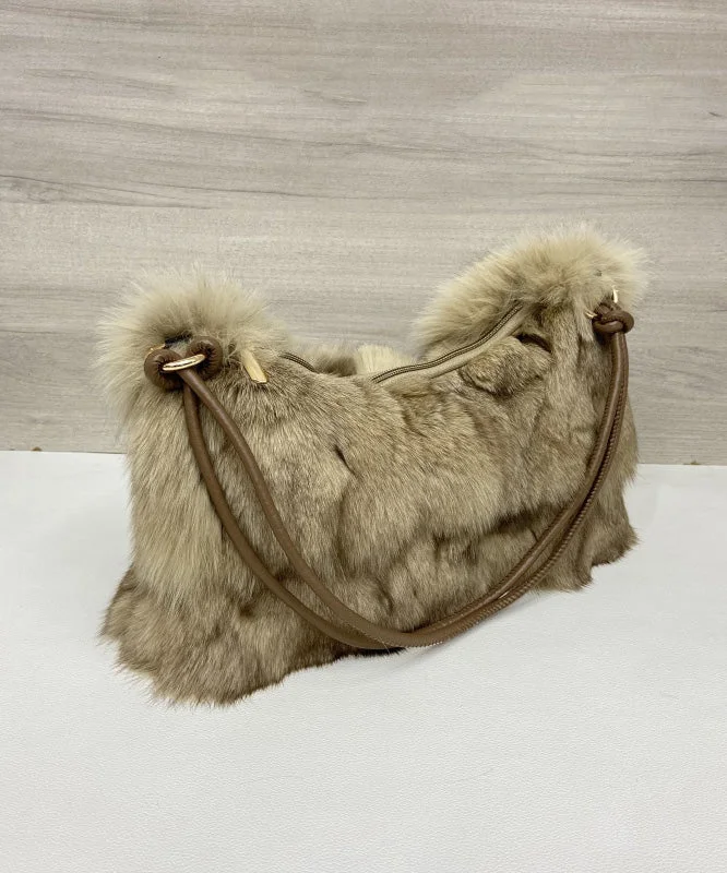 Women Khaki Large Capacity Fox Fur Patchwork Shoulder Bag