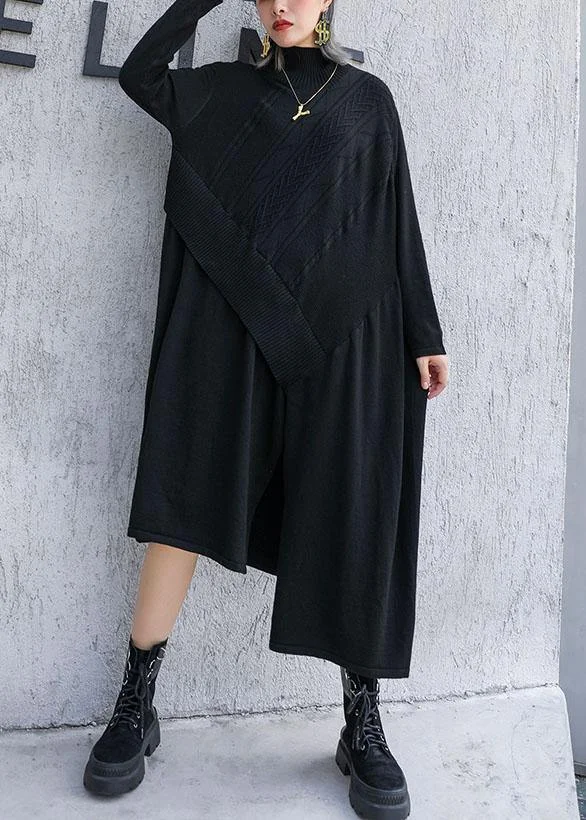 Cute black Sweater dress outfit plus size side open asymmetric oversized fall knit top - Image 2